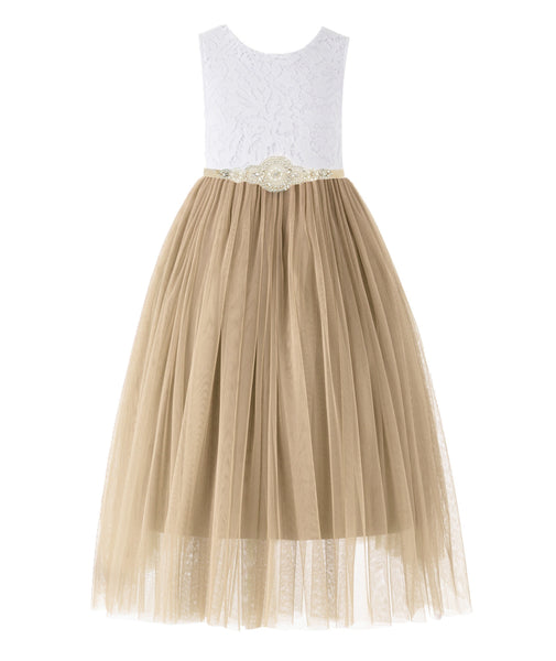 Scalloped V-Back Lace A-Line Flower Girl Dress Communion Baptism Wedding Reception Ballroom 207R7