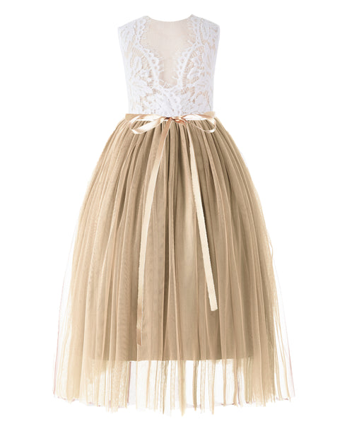 Scalloped V-Back Lace A-Line Flower Girl Dress Communion Baptism Wedding Reception Ballroom 207R7