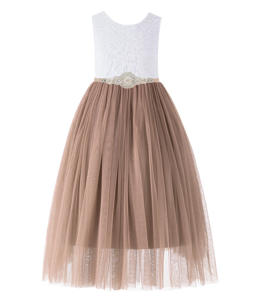 Scalloped V-Back Lace A-Line Flower Girl Dress Communion Baptism Wedding Reception Ballroom 207R7