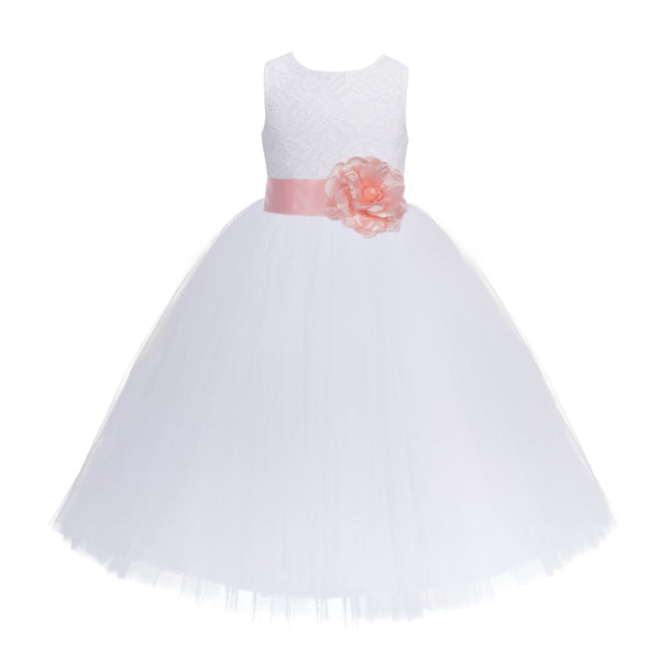 White Floral Lace Heart Cutout Flower Girl Dress Communion Baptism Junior Bridesmaid Dress 172T(5)