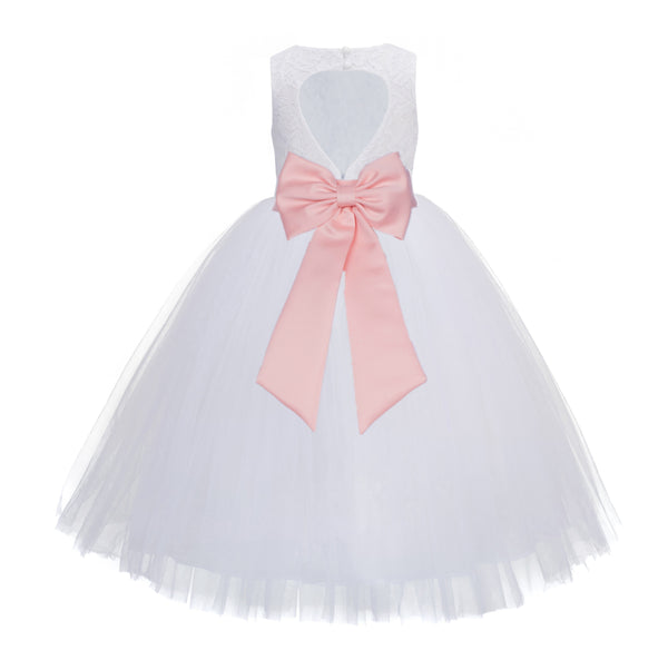 White Floral Lace Heart Cutout Flower Girl Dress Communion Baptism Junior Bridesmaid Dress 172T(5)