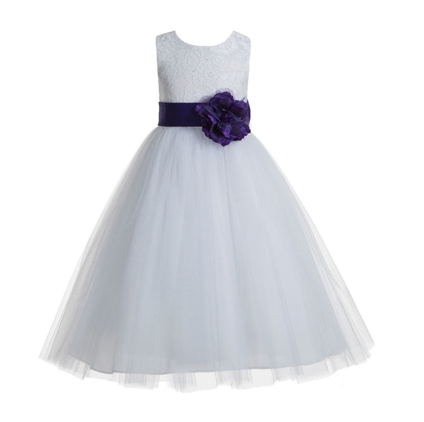 White Floral Lace Heart Cutout Flower Girl Dress Communion Baptism Junior Bridesmaid Dress 172T(5)