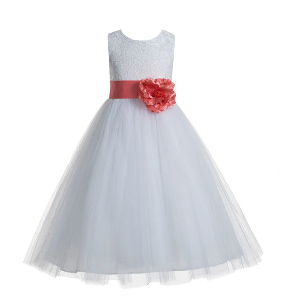 White Floral Lace Heart Cutout Flower Girl Dress Communion Baptism Junior Bridesmaid Dress 172T(3)