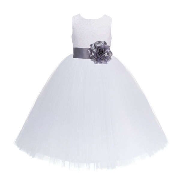 White Floral Lace Heart Cutout Flower Girl Dress Communion Baptism Junior Bridesmaid Dress 172T(3)