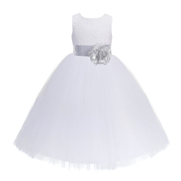 White Floral Lace Heart Cutout Flower Girl Dress Communion Baptism Junior Bridesmaid Dress 172T(2)