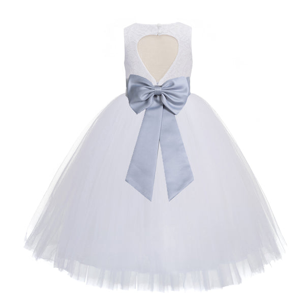 White Floral Lace Heart Cutout Flower Girl Dress Communion Baptism Junior Bridesmaid Dress 172T(2)