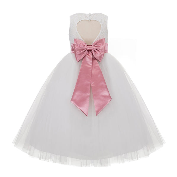 White Floral Lace Heart Cutout Flower Girl Dress Communion Baptism Junior Bridesmaid Dress 172T(1)