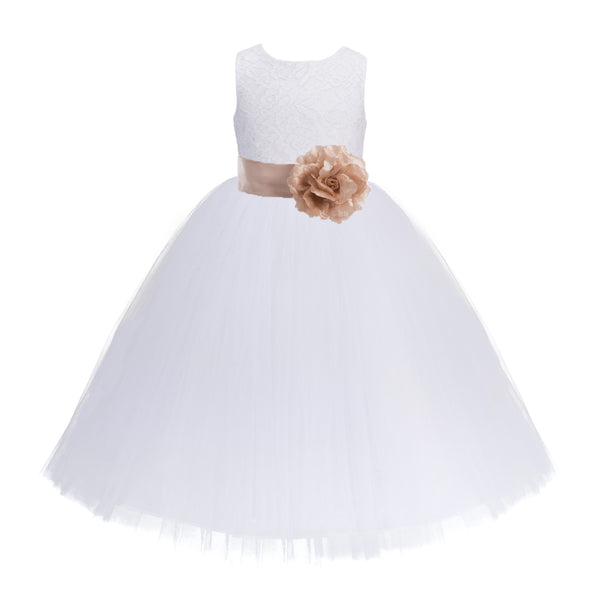 White Floral Lace Heart Cutout Flower Girl Dress Communion Baptism Junior Bridesmaid Dress 172T(1)