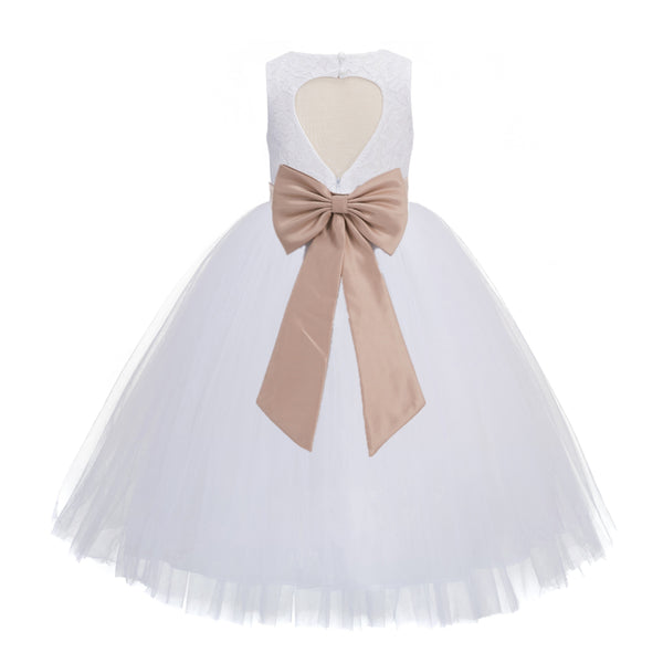 White Floral Lace Heart Cutout Flower Girl Dress Communion Baptism Junior Bridesmaid Dress 172T(1)