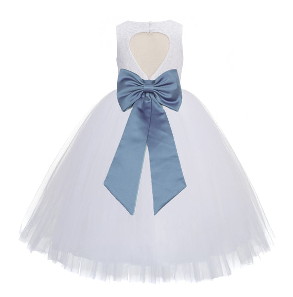 White Floral Lace Heart Cutout Flower Girl Dress Communion Baptism Junior Bridesmaid Dress 172T(4)