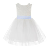 Knee Length Backless Ivory Lace Flower Girl Dress with Tiebow Dance Recital for Toddlers 206T(5)