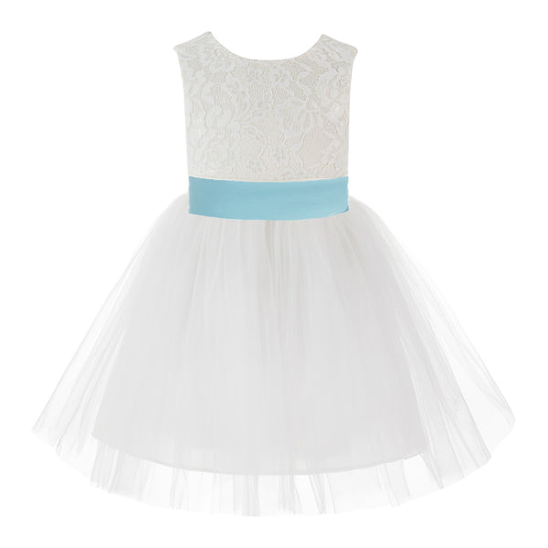 Knee Length Backless Ivory Lace Flower Girl Dress with Tiebow Dance Recital for Toddlers 206T(3)