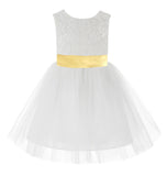 Knee Length White Lace V-Back Flower Girl Dress with Tiebow for Toddlers Ceremonial Gown 206T(5)