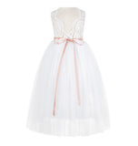 White Scalloped V-Back A-Line Lace Flower Girl Dresses for Baptism Church Christening Gown 207R4