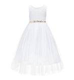 White Scalloped V-Back A-Line Lace Flower Girl Dresses for Baptism Church Christening Gown 207R4