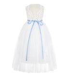 White Scalloped V-Back A-Line Lace Flower Girl Dresses for Baptism Church Christening Gown 207R4
