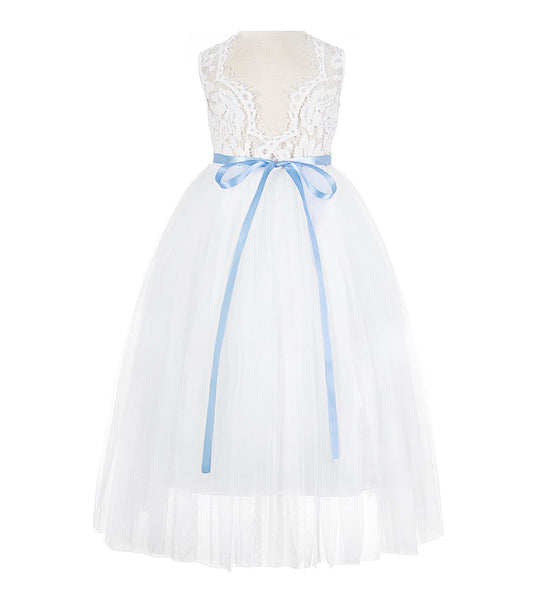 White Scalloped V-Back A-Line Lace Flower Girl Dresses for Baptism Church Christening Gown 207R4