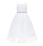 White Scalloped V-Back A-Line Lace Flower Girl Dresses for Baptism Church Christening Gown 207R4
