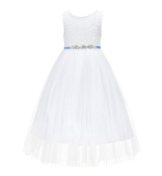 White Scalloped V-Back A-Line Lace Flower Girl Dresses for Baptism Church Christening Gown 207R4
