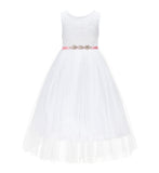 White Scalloped V-Back A-Line Lace Flower Girl Dresses for Baptism Church Christening Gown 207R4