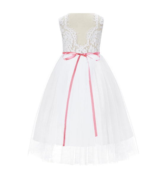White Scalloped V-Back A-Line Lace Flower Girl Dresses for Baptism Church Christening Gown 207R4