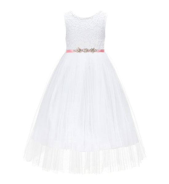 White Scalloped V-Back A-Line Lace Flower Girl Dresses for Baptism Church Christening Gown 207R4
