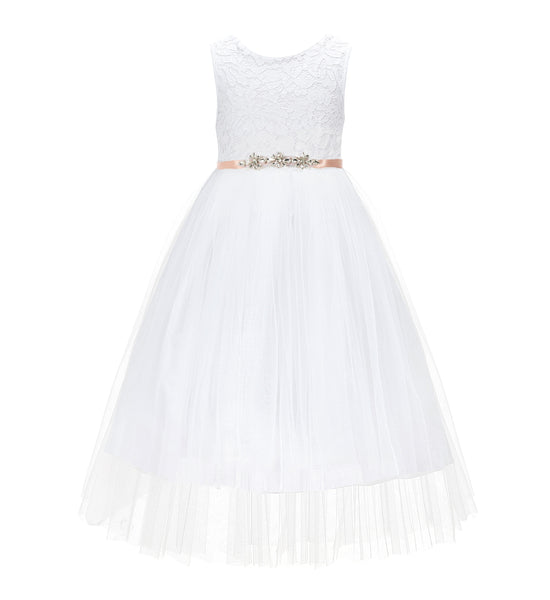 White Scalloped V-Back A-Line Lace Flower Girl Dresses for Baptism Church Christening Gown 207R4
