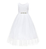 White Scalloped V-Back A-Line Lace Flower Girl Dresses for Baptism Church Christening Gown 207R4