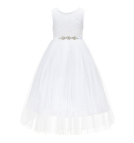 White Scalloped V-Back A-Line Lace Flower Girl Dresses for Baptism Church Christening Gown 207R4