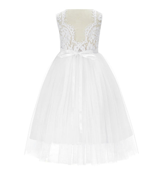 White Scalloped V-Back A-Line Lace Flower Girl Dresses for Baptism Church Christening Gown 207R4