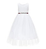 White Scalloped V-Back A-Line Lace Flower Girl Dresses for Baptism Church Christening Gown 207R4