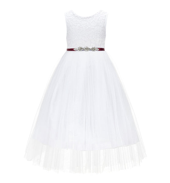 White Scalloped V-Back A-Line Lace Flower Girl Dresses for Baptism Church Christening Gown 207R4