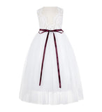 White Scalloped V-Back A-Line Lace Flower Girl Dresses for Baptism Church Christening Gown 207R4