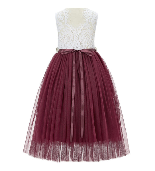 Scalloped V-Back Lace A-Line Flower Girl Dress Communion Baptism Wedding Reception Ballroom 207R7