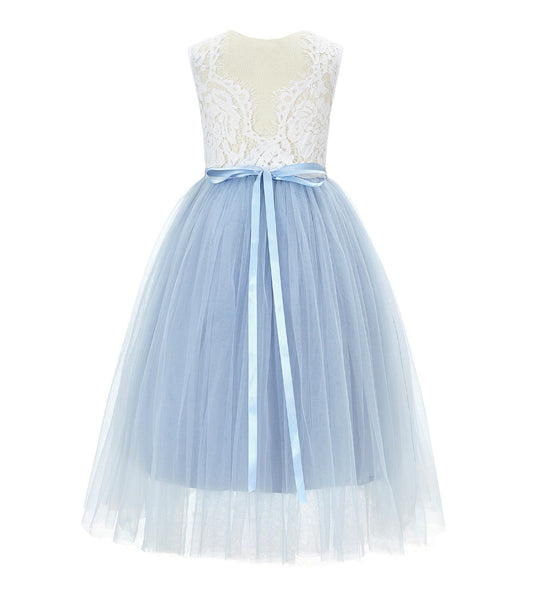 Scalloped V-Back Lace A-Line Flower Girl Dress Communion Baptism Wedding Reception Ballroom 207R7