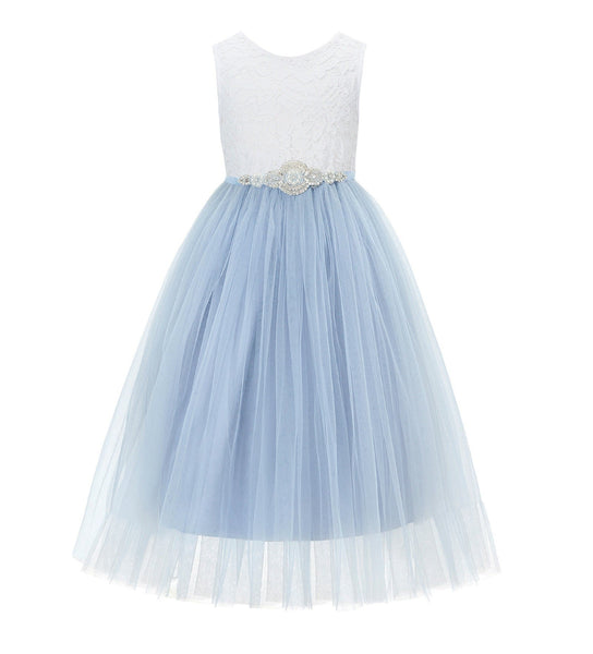 Scalloped V-Back Lace A-Line Flower Girl Dress Communion Baptism Wedding Reception Ballroom 207R7