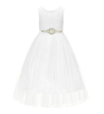 Scalloped V-Back Lace A-Line Flower Girl Dress Communion Baptism Wedding Reception Ballroom 207R7