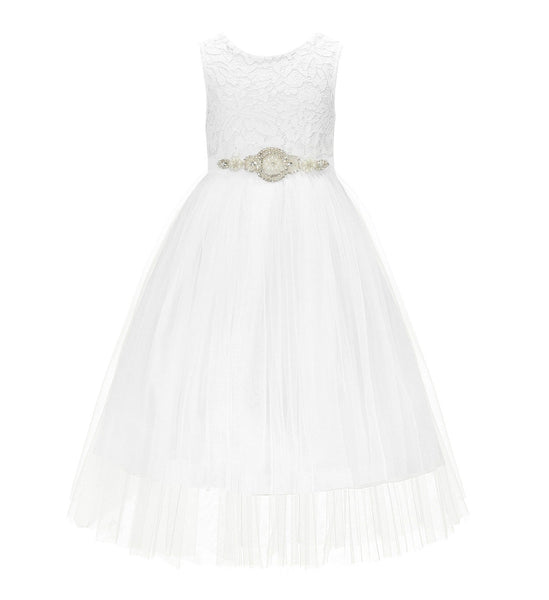 Scalloped V-Back Lace A-Line Flower Girl Dress Communion Baptism Wedding Reception Ballroom 207R7