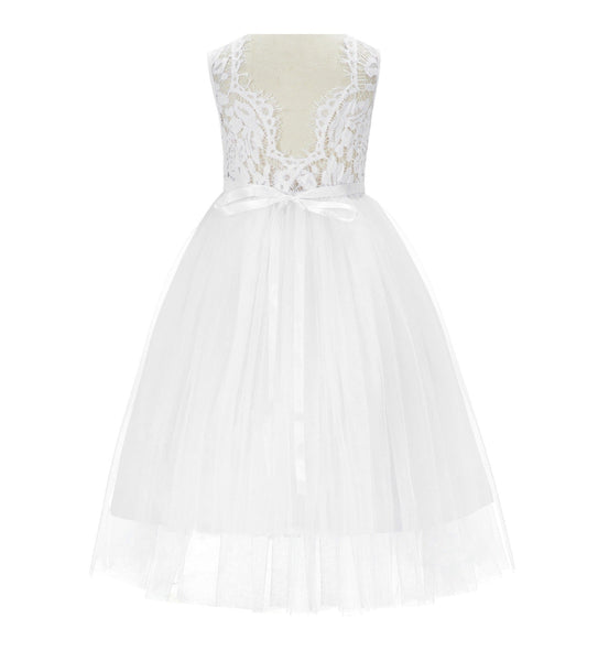 Scalloped V-Back Lace A-Line Flower Girl Dress Communion Baptism Wedding Reception Ballroom 207R7