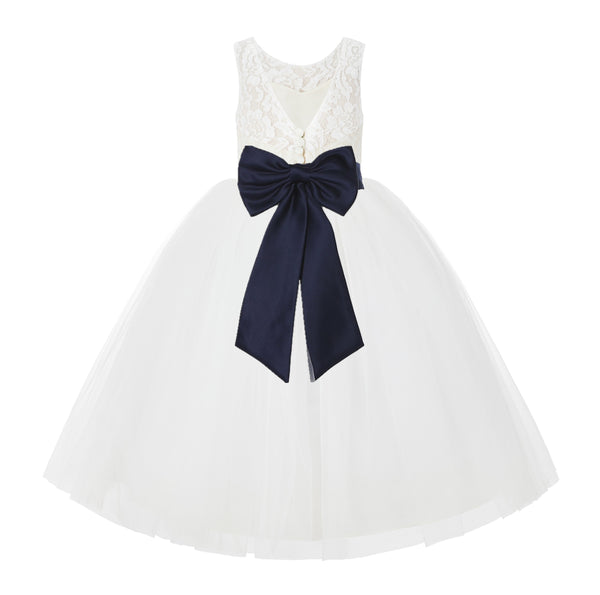 V-Back Ivory Lace Tulle Flower Girl Dress with Bow Sash Toddlers Baptism Mini Bridal Gown 212noFT(2)