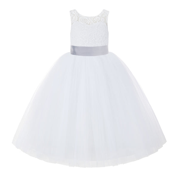 V-Back White Lace Tutu Flower Girl Dress with Tiebow for Wedding Pageant Gown Toddlers 212noFT(2)