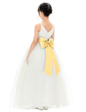 V-Neck Ivory Tulle Flower Girl Dress with Tiebow for Special Occasions Junior Bridesmaid 218noFT(1)