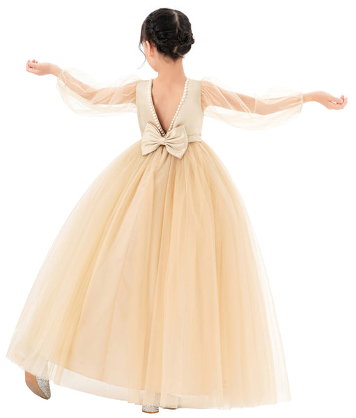 V-Back Flower Girl Dress with Tulle Sleeves for Special Occasions Wedding Beauty Pageant Recital 249