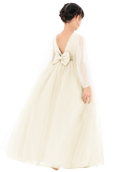V-Back Flower Girl Dress with Tulle Sleeves for Special Occasions Wedding Beauty Pageant Recital 249