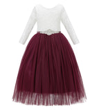 A-Line V-Back Lace Flower Girl Dresses with Sleeves Father Daughter Dance Recital Gown Parties 290R7