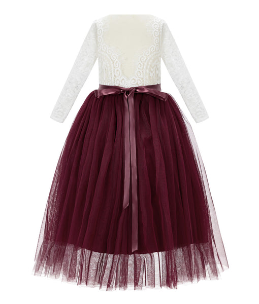 A-Line V-Back Lace Flower Girl Dresses with Sleeves Father Daughter Dance Recital Gown Parties 290R7