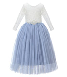 A-Line V-Back Lace Flower Girl Dresses with Sleeves Father Daughter Dance Recital Gown Parties 290R7