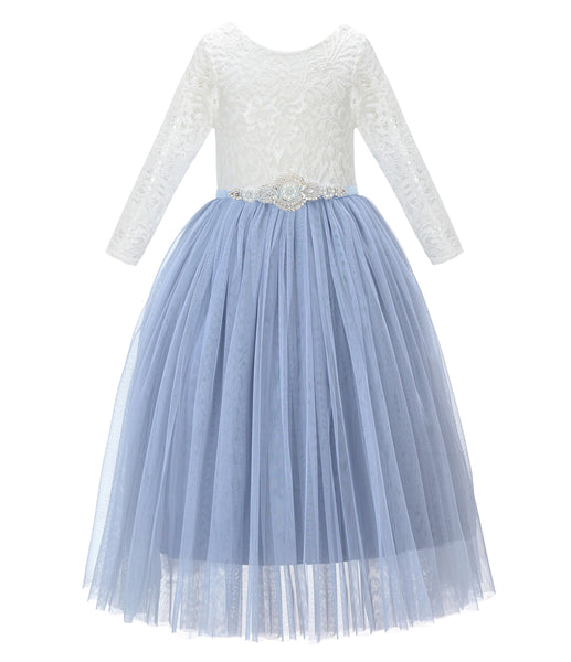 A-Line V-Back Lace Flower Girl Dresses with Sleeves Father Daughter Dance Recital Gown Parties 290R7