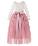 A-Line V-Back Lace Flower Girl Dresses with Sleeves Father Daughter Dance Recital Gown Parties 290R7