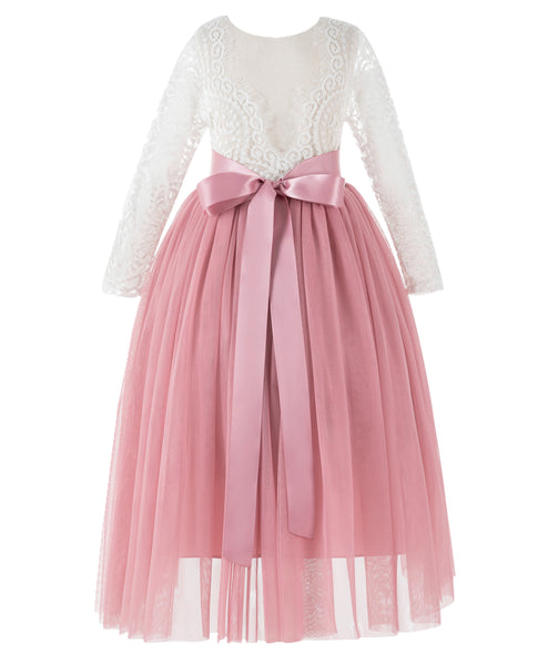 A-Line V-Back Lace Flower Girl Dresses with Sleeves Father Daughter Dance Recital Gown Parties 290R7